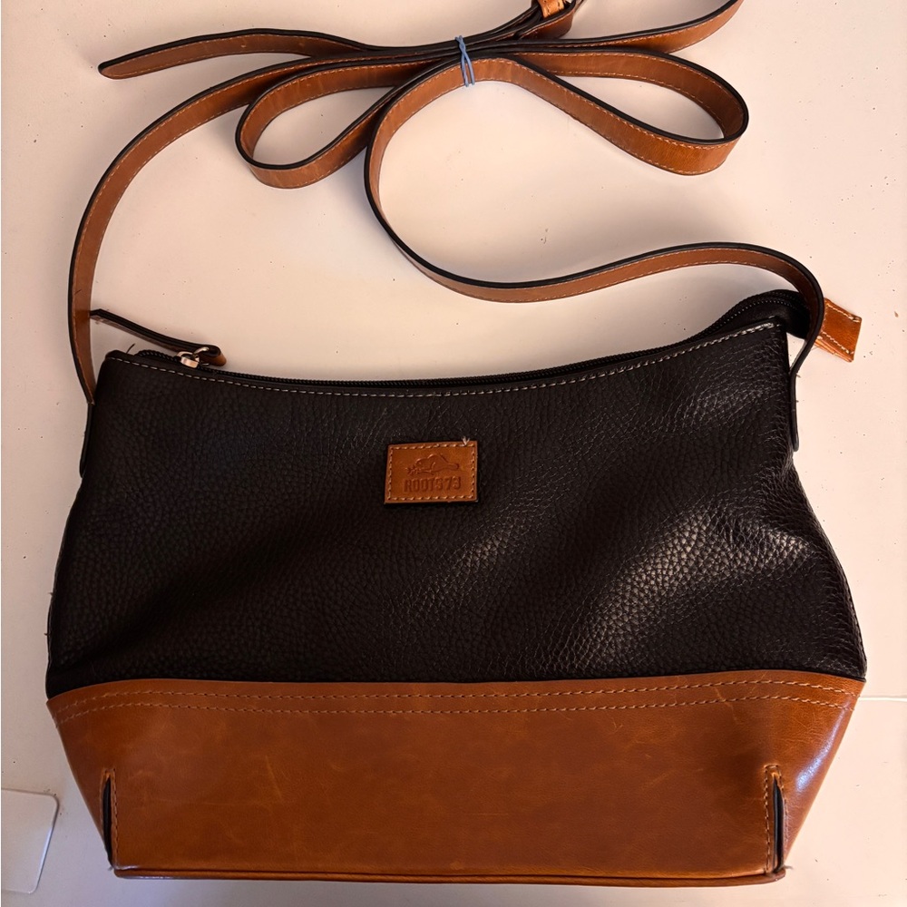 ROOTS 73, in Stylish Black and Brown Leather Crossbody Bag,  Adjustable Strap